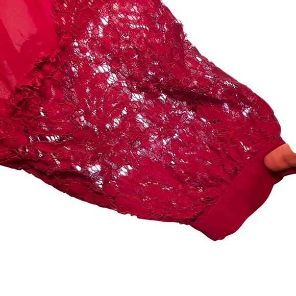 City Chic XL Lace Trim Long Sleeve Blouse Red Semi-Sheer Button Cuff - Picture 5 of 7